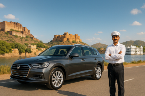 Spacious rental car parked with family tourists ready for a full-day tour from Jodhpur
