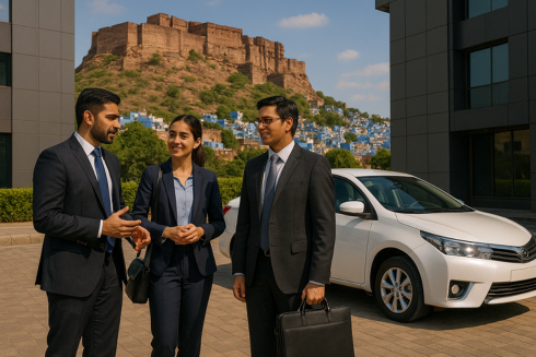 Executive sedan taxi waiting outside a corporate office in Jodhpur