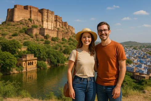 Tourists enjoying a guided sightseeing tour in Jodhpur near Mehrangarh Fort with a taxi parked nearby