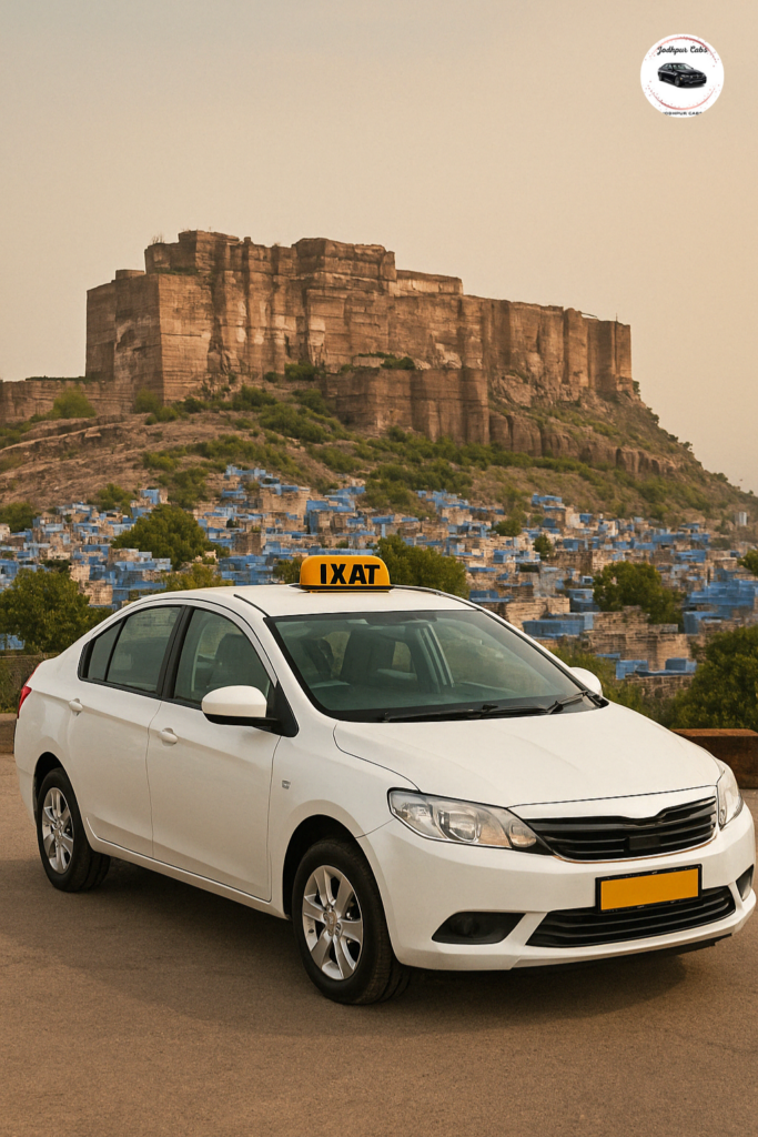Clean white sedan from Jodhpur Taxi Service parked near a heritage fort in the Blue City