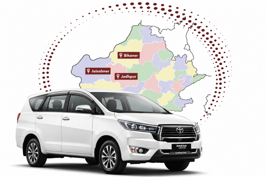 White Toyota Innova Crysta with a Rajasthan map highlighting Jodhpur, Jaisalmer, and Bikaner